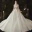 Luxury / Gorgeous Champagne Wedding Dresses 2020 Ball Gown Scoop Neck Beading Sequins Lace Flower Appliques 3/4 Sleeve Backless Royal Train