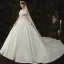 Luxus / Herrlich Champagner Glanz Brautkleider / Hochzeitskleider 2020 A Linie Off Shoulder Perlenstickerei Pailletten Kurze Ärmel Rückenfreies Königliche Schleppe