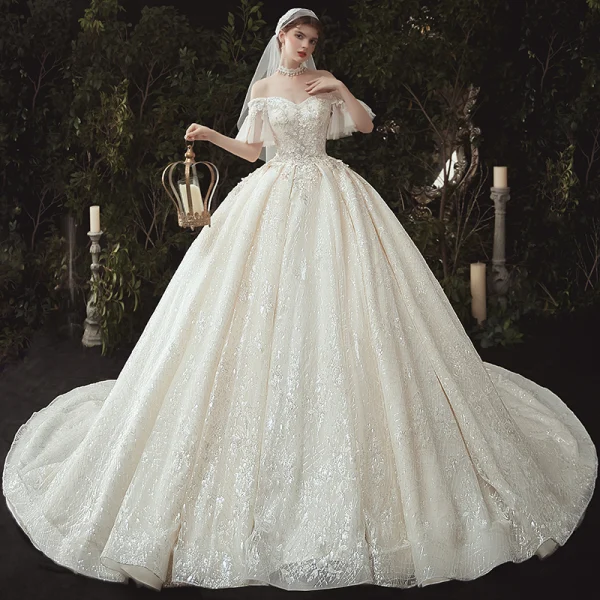 Luxury / Gorgeous Champagne Wedding Dresses 2020 Ball Gown Off-The-Shoulder Beading Sequins Lace Flower Appliques Short Sleeve Backless Royal Train