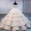 High End Champagner Handgefertigt Perlenstickerei Brautkleider / Hochzeitskleider 2020 Ballkleid Off Shoulder Spitze Blumen Ärmellos Rückenfreies Fallende Rüsche Königliche Schleppe