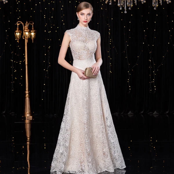 Sparkly Champagne Evening Dresses  2020 A-Line / Princess High Neck Sequins Lace Flower Sleeveless Floor-Length / Long Formal Dresses