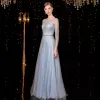 Sparkly Sky Blue Evening Dresses  2020 A-Line / Princess Sash Sequins Scoop Neck 3/4 Sleeve Floor-Length / Long Formal Dresses