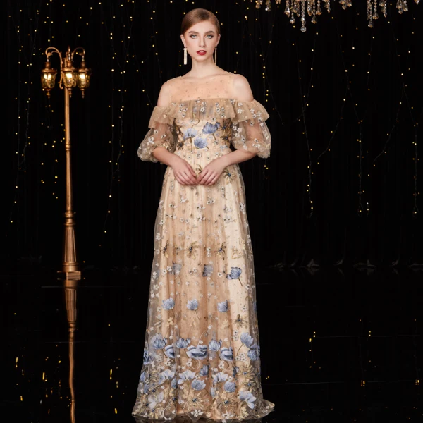 High-end Champagne Glitter Evening Dresses  2020 A-Line / Princess Scoop Neck Lace Flower Short Sleeve Floor-Length / Long Formal Dresses