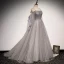 Élégant Gris Paillettes Glitter Robe De Bal Robe De Soirée 2021 Princesse Bretelles Spaghetti Manches Longues Dos Nu Train De Balayage Robe De Ceremonie