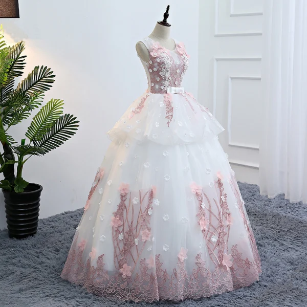 Elegant Ivory Prom Dresses 2018 Ball Gown Appliques Bow Pearl U-Neck Backless Sleeveless Floor-Length / Long Formal Dresses