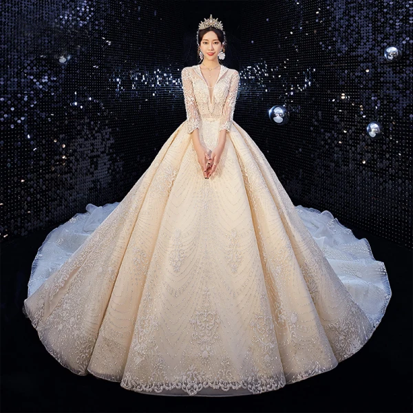 High-end Champagne Wedding Dresses 2020 Ball Gown V-Neck Handmade Beading Glitter Rhinestone Lace Flower 3/4 Sleeve Backless Royal Train
