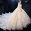 Luxe Champagne Robe De Mariée 2020 Robe Boule Encolure Dégagée Perlage Paillettes En Dentelle Fleur 3/4 Manches Dos Nu Royal Train