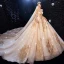 Luxury / Gorgeous Champagne Wedding Dresses 2020 Ball Gown Scoop Neck Beading Crystal Sequins Lace Flower Long Sleeve Backless Royal Train