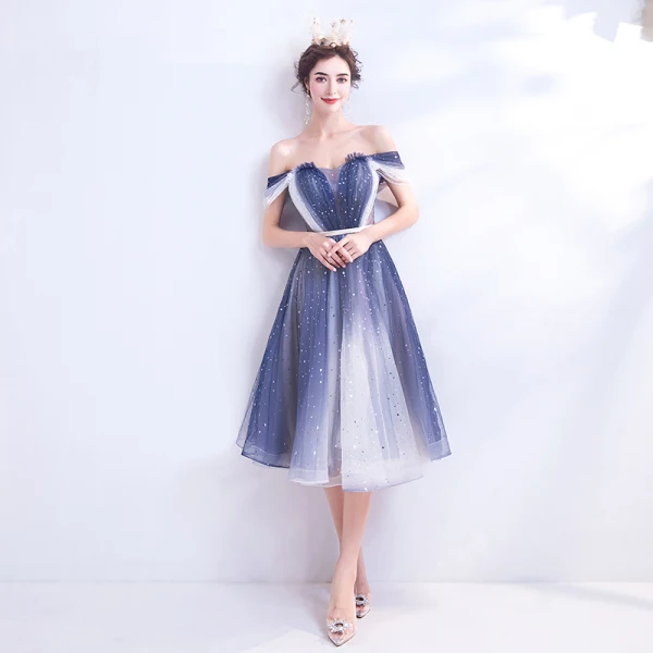 Fashion Ocean Blue Ivory Gradient-Color Cocktail Dresses 2020 A-Line /  Princess Off-The-Shoulder Short