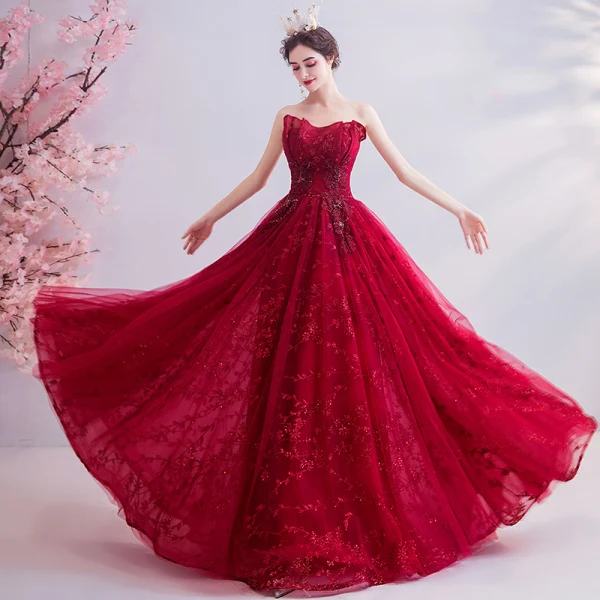 Chic / Beautiful Red Evening Dresses 2020 A-Line / Princess Strapless Beading Sequins Lace Rhinestone Sleeveless Backless Floor-Length / Long Formal Dresses
