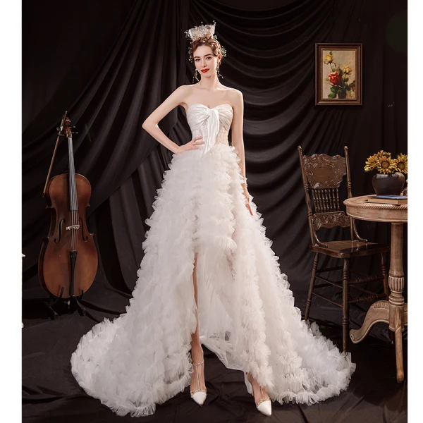 Sexy Ivory Ruffle Asymmetrical Wedding Dresses 2021 A-Line / Princess Satin Strapless Sleeveless Wedding
