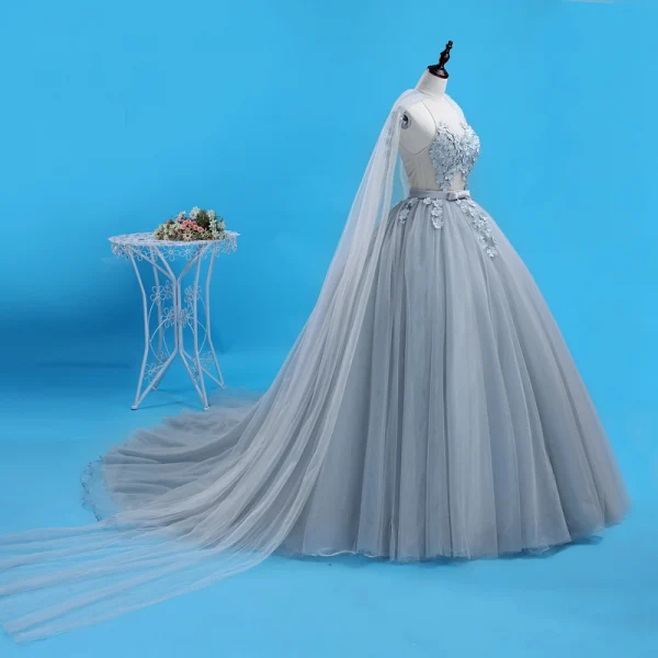 Schöne Grau Ballkleider 2018 Ballkleid Applikationen Perle Schleife Rundhalsausschnitt Rückenfreies Ärmellos Watteau-falte Festliche Kleider