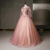 Flower Fairy Pearl Pink Prom Dresses 2020 Ball Gown V-Neck Pearl Sequins Lace Flower Appliques 3/4 Sleeve Backless Floor-Length / Long Formal Dresses