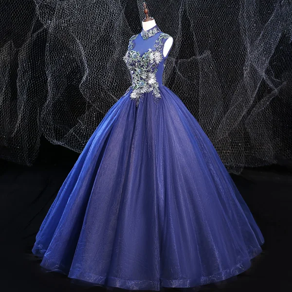 Vintage / Retro Royal Blue Prom Dresses 2020 Ball Gown High Neck Beading Rhinestone Lace Flower Sleeveless Backless Floor-Length / Long Formal Dresses