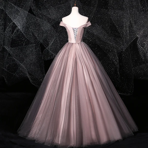 Flower Fairy Blushing Pink Grey Prom Dresses 2020 Ball Gown Off-The-Shoulder Beading Appliques Lace Flower Sleeveless Backless Floor-Length / Long Formal Dresses