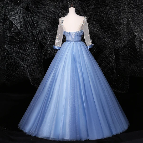 Elegant Sky Blue Prom Dresses 2020 Ball Gown Scoop Neck Bow Pearl Appliques 3/4 Sleeve Backless Floor-Length / Long Formal Dresses