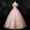 Vintage / Retro Blushing Pink Quinceañera Prom Dresses 2020 Ball Gown Scoop Neck Pearl Sequins Rhinestone Lace Flower Short Sleeve Backless Floor-Length / Long Formal Dresses