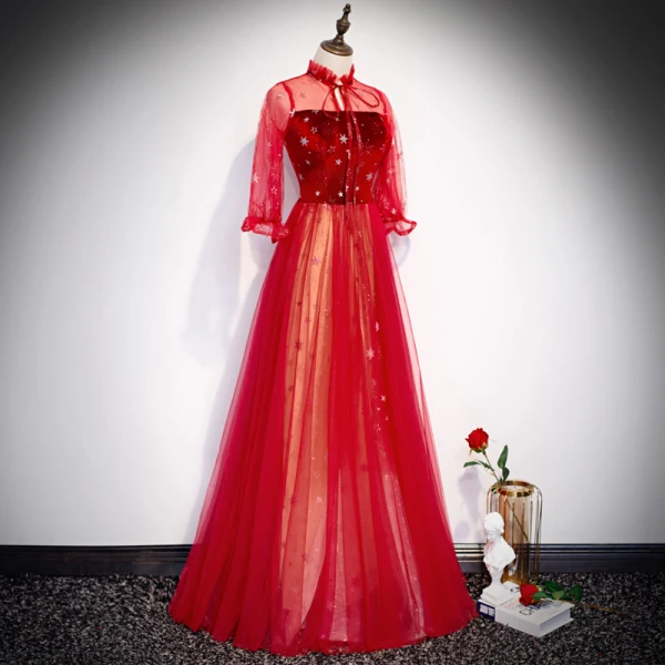 Elegante Rot Abendkleider 2020 A Linie Stehkragen Star Pailletten Schleife 3/4 Ärmel Rückenfreies Lange Festliche Kleider