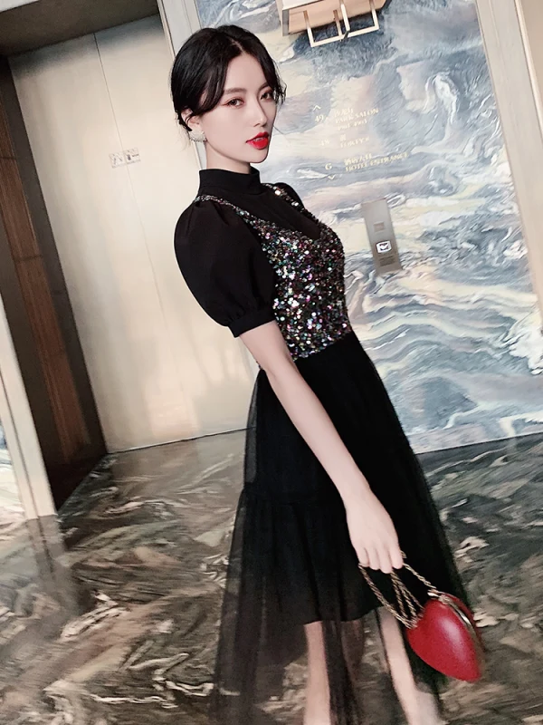 Fashion Black Party Dresses 2020 A-Line / Princess High Neck Sequins Short Sleeve Tea-length Formal Dresses