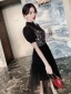 Fashion Black Party Dresses 2020 A-Line / Princess High Neck Sequins Short Sleeve Tea-length Formal Dresses