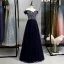Schöne Marineblau Abendkleider 2020 A Linie Off Shoulder Multifarben Pailletten Lange Kurze Ärmel Rückenfreies Festliche Kleider