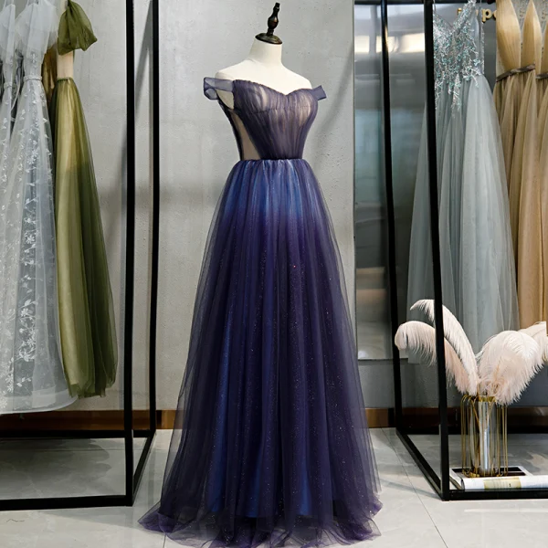 Chic / Belle Bleu Marine Dégradé De Couleur Robe De Soirée 2020 Princesse De l'épaule Manches Courtes Dos Nu Longue Robe De Ceremonie