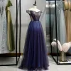 Chic / Beautiful Navy Blue Gradient-Color Evening Dresses  2020 A-Line / Princess Off-The-Shoulder Short Sleeve Backless Floor-Length / Long Formal Dresses