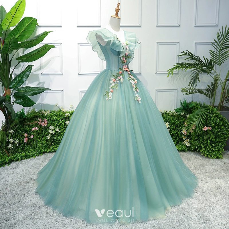 Flower Fairy Green Prom Dresses 2018 Ball Gown Appliques V Neck