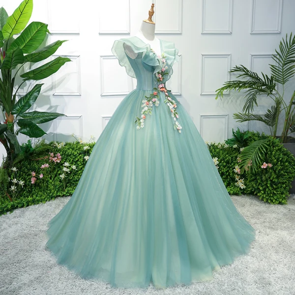 Flower Fairy Green Prom Dresses 2018 Ball Gown Appliques V-Neck Backless Sleeveless Floor-Length / Long Formal Dresses