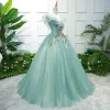 Flower Fairy Green Prom Dresses 2018 Ball Gown Appliques V-Neck Backless Sleeveless Floor-Length / Long Formal Dresses