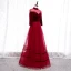 Elegant Red Evening Dresses  2020 A-Line / Princess High Neck Suede 3/4 Sleeve Backless Floor-Length / Long Formal Dresses
