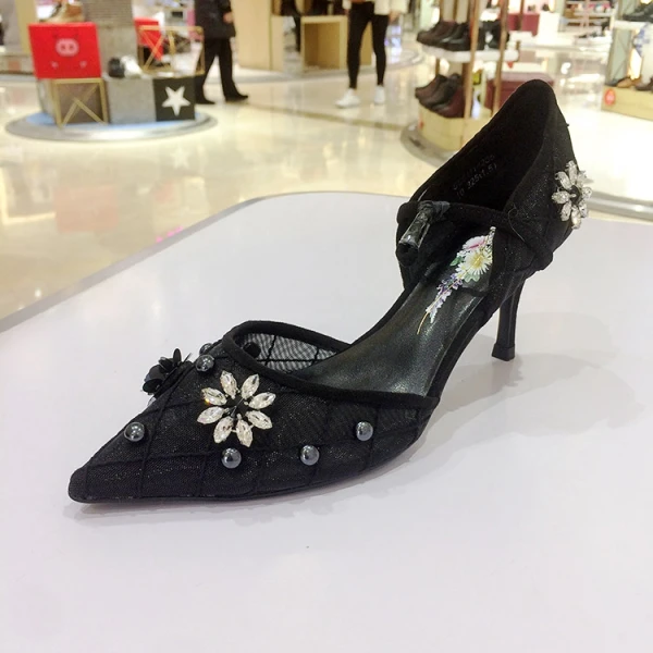 Chic / Beautiful Beige Casual Womens Shoes 2020 Leather Lace Pearl Rhinestone Buckle 5 cm Stiletto Heels Pointed Toe High Heels