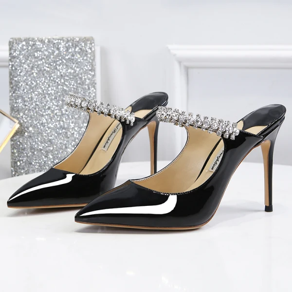 Modest / Simple Ivory Casual Womens Sandals 2020 Leather Rhinestone Buckle 10 cm Stiletto Heels Pointed Toe Sandals