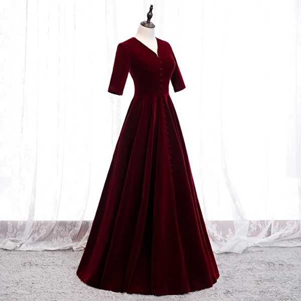 Modest / Simple Burgundy Evening Dresses  2020 A-Line / Princess V-Neck Suede 1/2 Sleeves Floor-Length / Long Formal Dresses