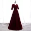 Modest / Simple Burgundy Evening Dresses  2020 A-Line / Princess V-Neck Suede 1/2 Sleeves Floor-Length / Long Formal Dresses