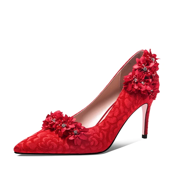 Uroczy Kość Słoniowa Buty Ślubne 2020 Koronki 3D Aplikacje Rhinestone 7 cm Szpilki Szpiczaste Ślub Czółenka