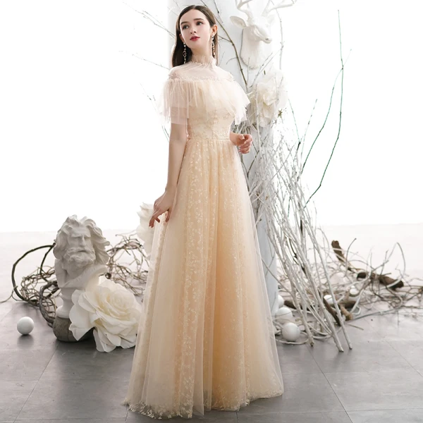 Chic / Belle Champagne Brodé Robe De Bal 2021 Princesse Col Haut Manches Courtes Dos Nu Longue Robe De Ceremonie