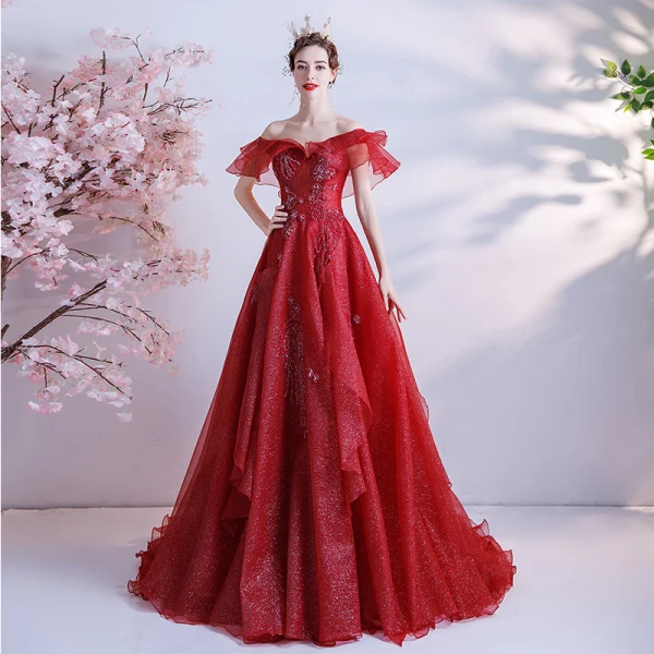 Sparkly Fashion Red Prom Dresses 2021 A-Line / Princess Off-The-Shoulder Handmade Beading Crystal Rhinestone Short Sleeve Backless Floor-Length / Long Formal Dresses