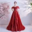 Sparkly Fashion Red Prom Dresses 2021 A-Line / Princess Off-The-Shoulder Handmade  Beading Crystal Rhinestone Short Sleeve Backless Floor-Length / Long Formal Dresses