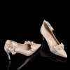 Fashion Champagne Wedding Shoes 2020 Satin 3D Lace Appliques Rhinestone 7 cm Stiletto Heels Pointed Toe Wedding Pumps