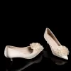 Elegant Champagne Wedding Shoes 2020 Satin Appliques 3 cm Stiletto Heels Low Heel Pointed Toe Wedding Pumps