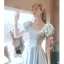 Elegant Sky Blue Satin Homecoming Graduation Dresses Prom Dresses 2021 A-Line / Princess Square Neckline Glitter Sequins Embroidered Short Sleeve Backless Floor-Length / Long