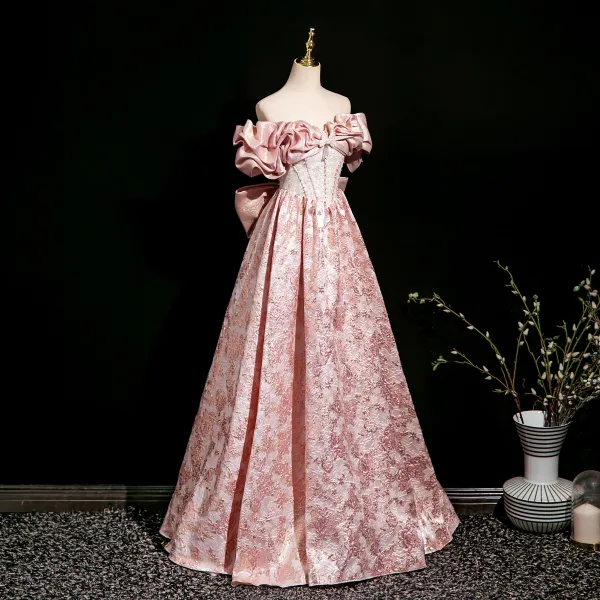 Lovely Blushing Pink Beading Pearl Sequins Printing Prom Dresses 2025 A-Line / Princess Off-The-Shoulder Short Sleeve Backless Bow Floor-Length / Long Prom Formal Dresses