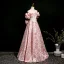 Lovely Blushing Pink Beading Pearl Sequins Printing Prom Dresses 2025 A-Line / Princess Off-The-Shoulder Short Sleeve Backless Bow Floor-Length / Long Prom Formal Dresses