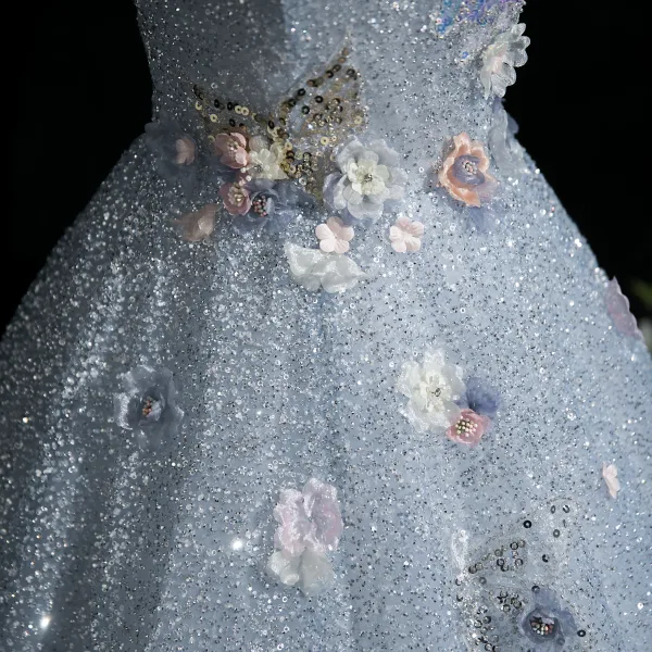 Charming Sky Blue Beading Sequins Appliques Prom Dresses 2025 Ball Gown Square Neckline Sleeveless Backless Floor-Length / Long Prom Formal Dresses