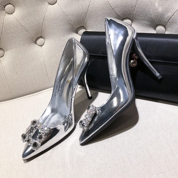 Mode Argenté Soirée Escarpins 2020 Cuir Verni Faux Diamant 10 cm Talons Aiguilles À Bout Pointu Escarpins