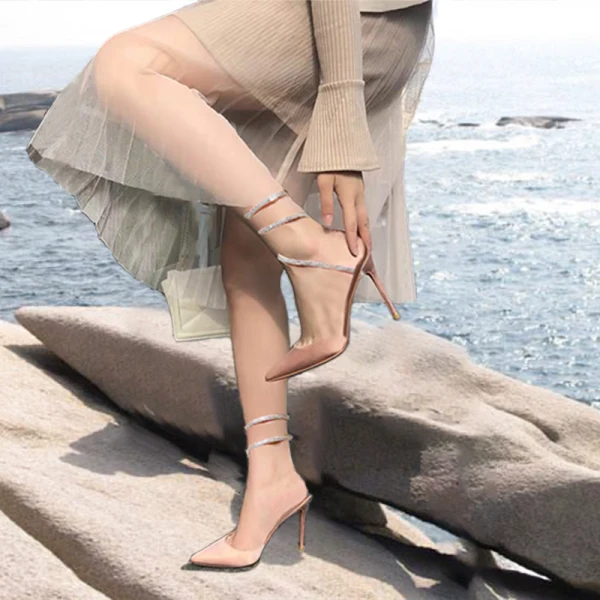 Unique Ivoire Soirée Sandales Femme 2020 Cuir Faux Diamant 8 cm Talons Aiguilles À Bout Pointu Sandales