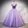 Flower Fairy Fairytale Lavender Quinceañera Prom Dresses 2020 Ball Gown Scoop Neck Appliques Pearl Rhinestone Bow Lace Flower Sleeveless Backless Floor-Length / Long Formal Dresses