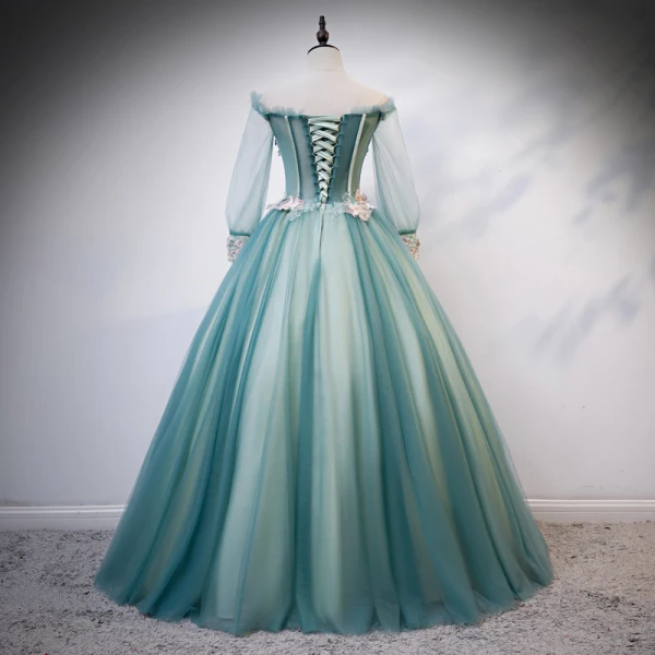 Flower Fairy Jade Green Fairytale Prom Dresses 2020 Ball Gown Off-The-Shoulder Pearl Rhinestone Lace Flower Appliques 3/4 Sleeve Backless Floor-Length / Long Formal Dresses