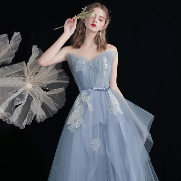 Modern / Fashion Sky Blue Lace Flower Prom Dresses 2021 A-Line / Princess Strapless Sleeveless Backless Bow Sash Floor-Length / Long Formal Dresses